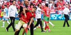 Followers storm pitch and throw bottles as Argentina v Morocco descends into chaos to kick off Olympics